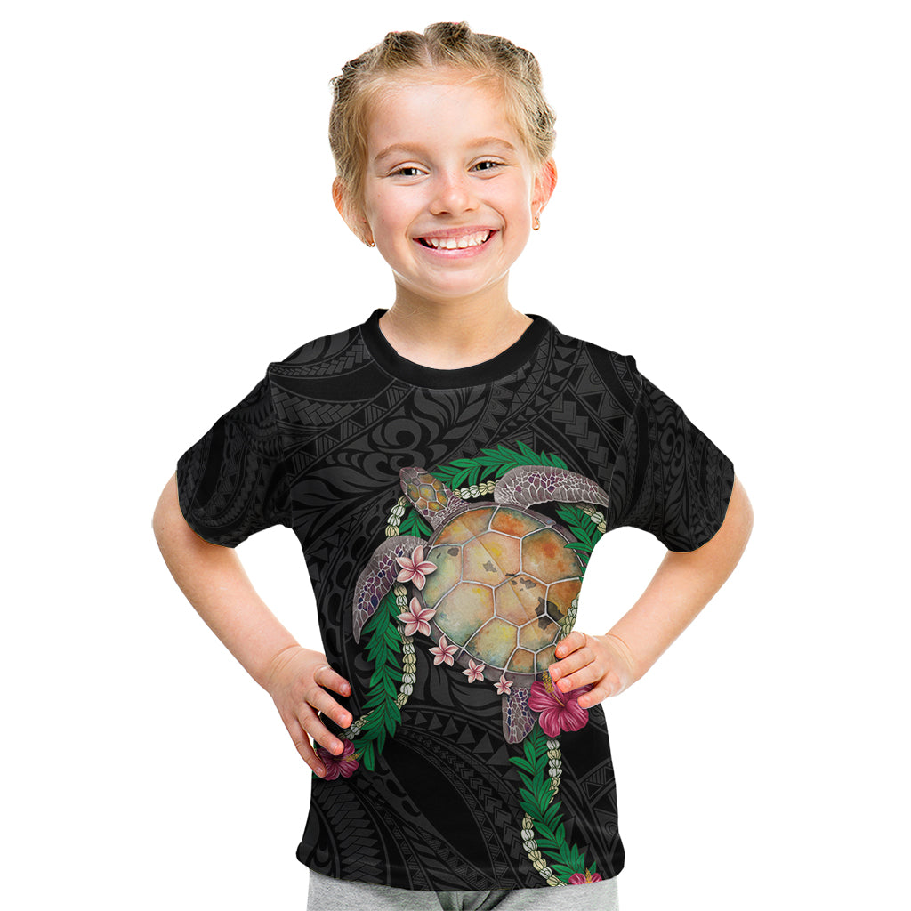 Hawaii Pikake and Maile Lei Kid T Shirt Honu Polynesian Pattern Black Color LT03 Black - Polynesian Pride
