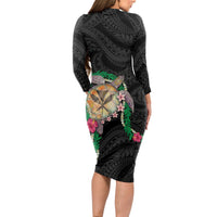 Hawaii Pikake and Maile Lei Long Sleeve Bodycon Dress Honu Polynesian Pattern Black Color