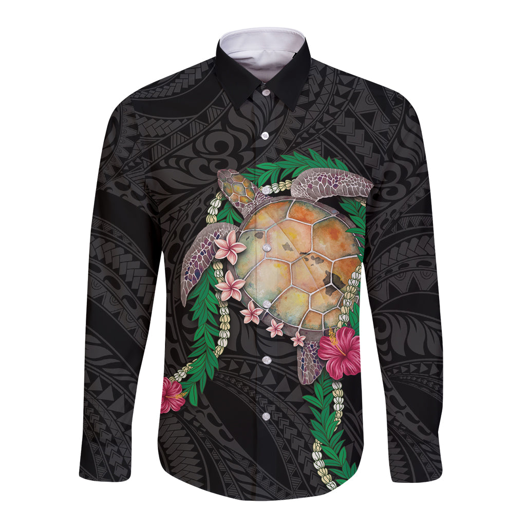 Hawaii Pikake and Maile Lei Long Sleeve Button Shirt Honu Polynesian Pattern Black Color LT03 Unisex Black - Polynesian Pride