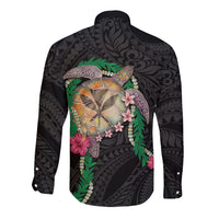 Hawaii Pikake and Maile Lei Long Sleeve Button Shirt Honu Polynesian Pattern Black Color