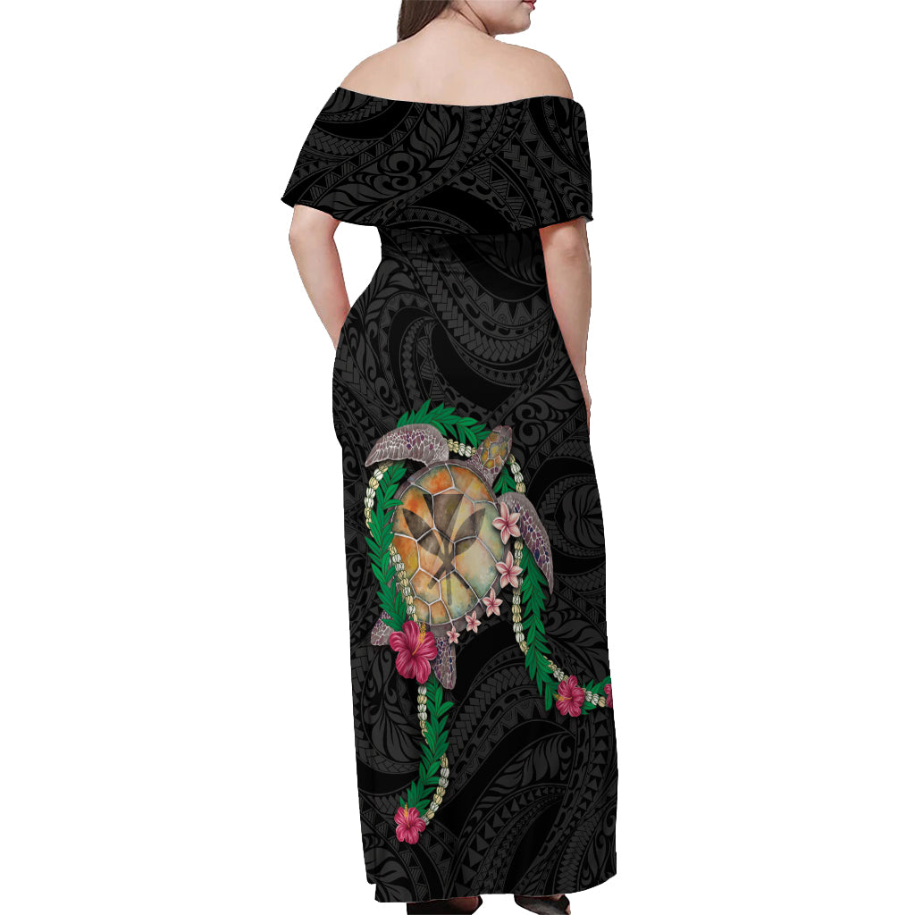 Hawaii Pikake and Maile Lei Off Shoulder Maxi Dress Honu Polynesian Pattern Black Color