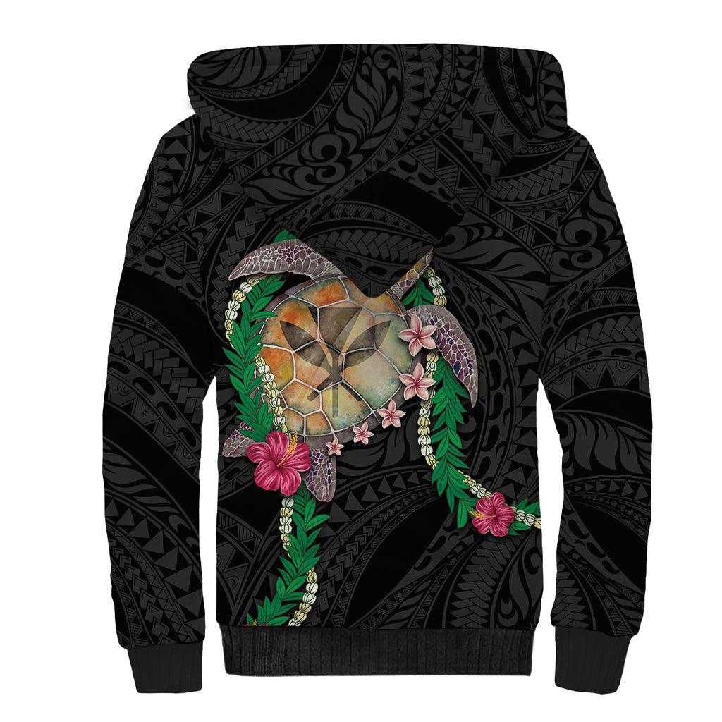 Hawaii Pikake and Maile Lei Sherpa Hoodie Honu Polynesian Pattern Black Color