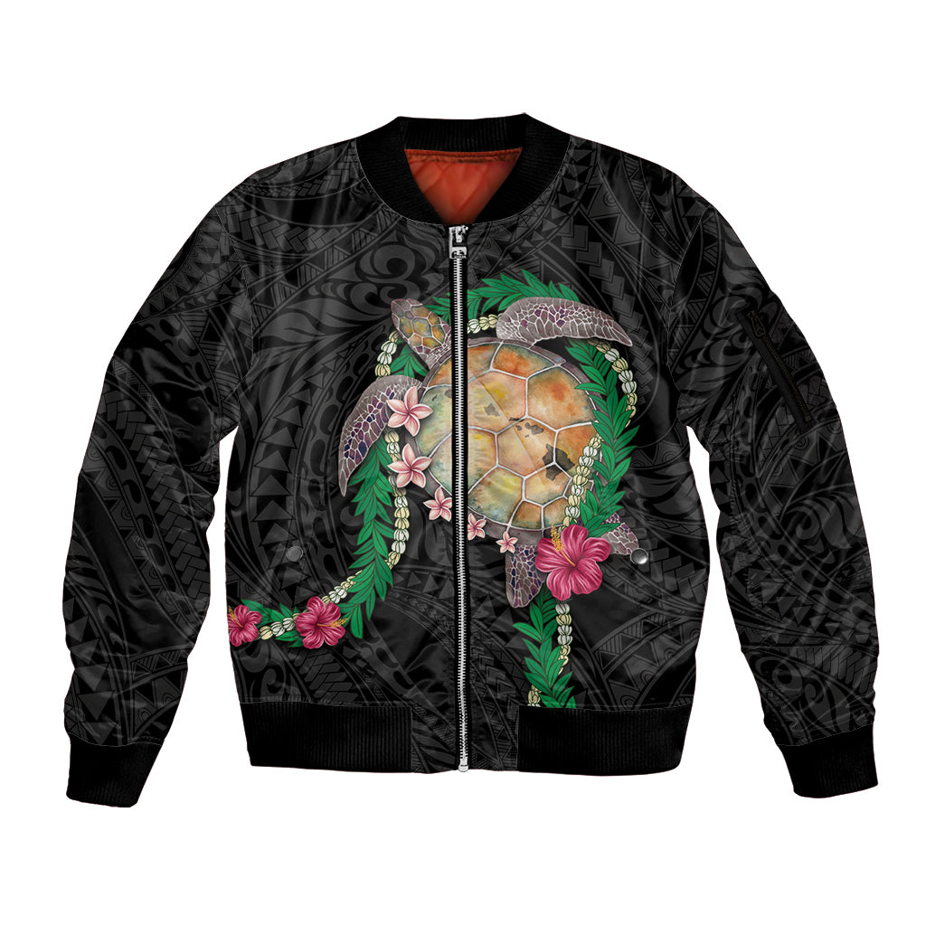 Hawaii Pikake and Maile Lei Sleeve Zip Bomber Jacket Honu Polynesian Pattern Black Color LT03 Unisex Black - Polynesian Pride