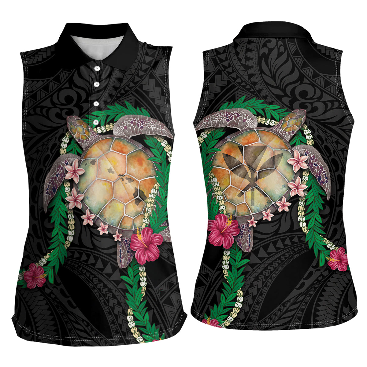 Hawaii Pikake and Maile Lei Women Sleeveless Polo Shirt Honu Polynesian Pattern Black Color