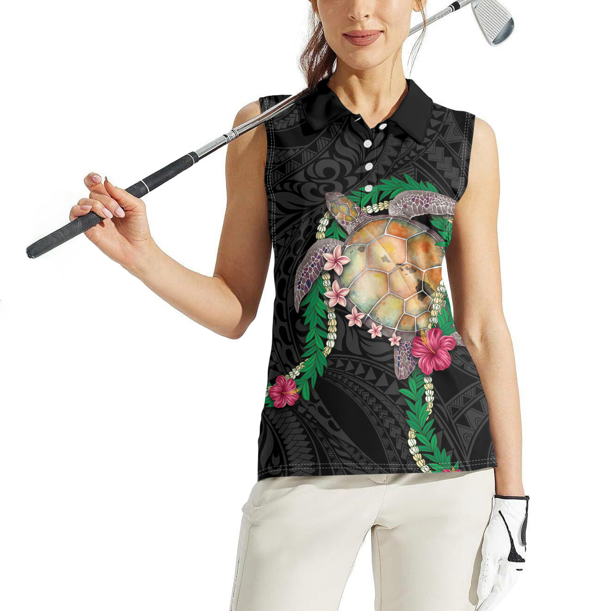 Hawaii Pikake and Maile Lei Women Sleeveless Polo Shirt Honu Polynesian Pattern Black Color