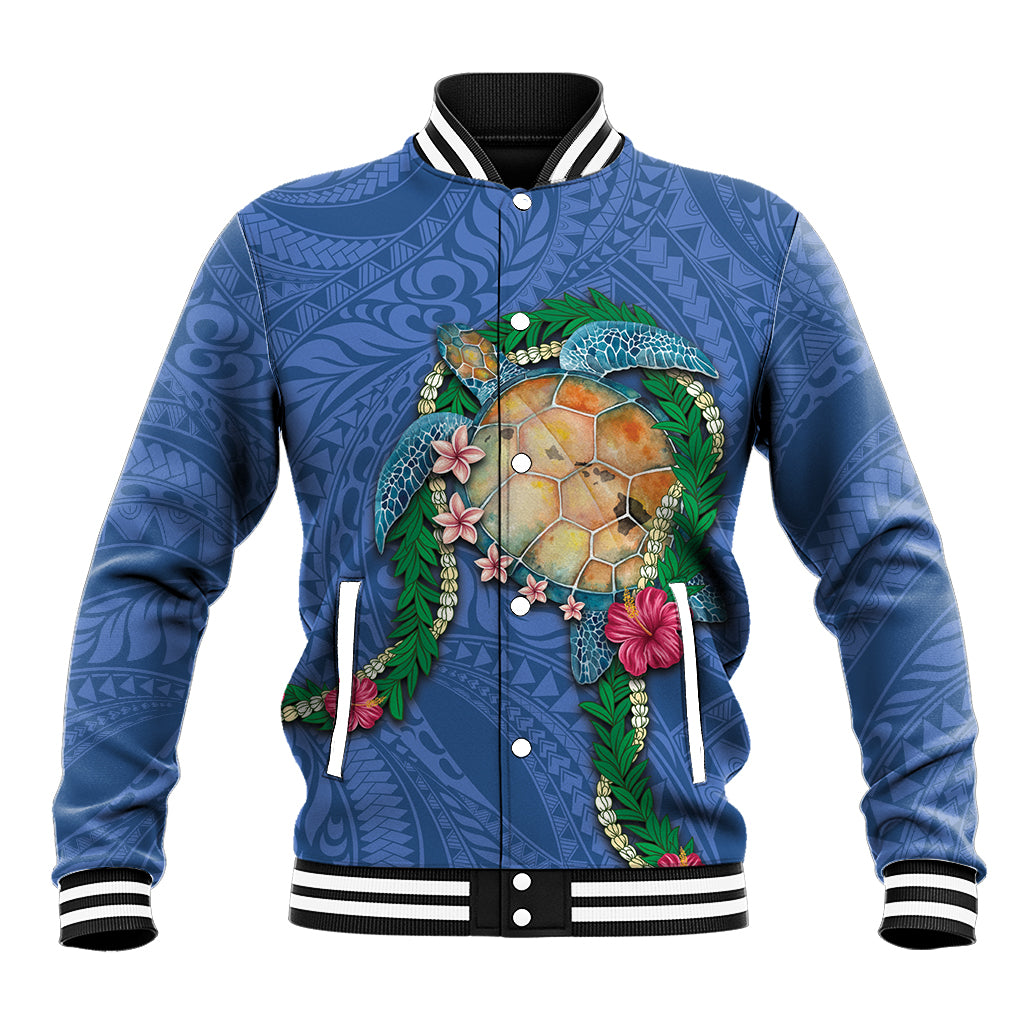 Hawaii Pikake and Maile Lei Baseball Jacket Honu Polynesian Pattern Blue Color