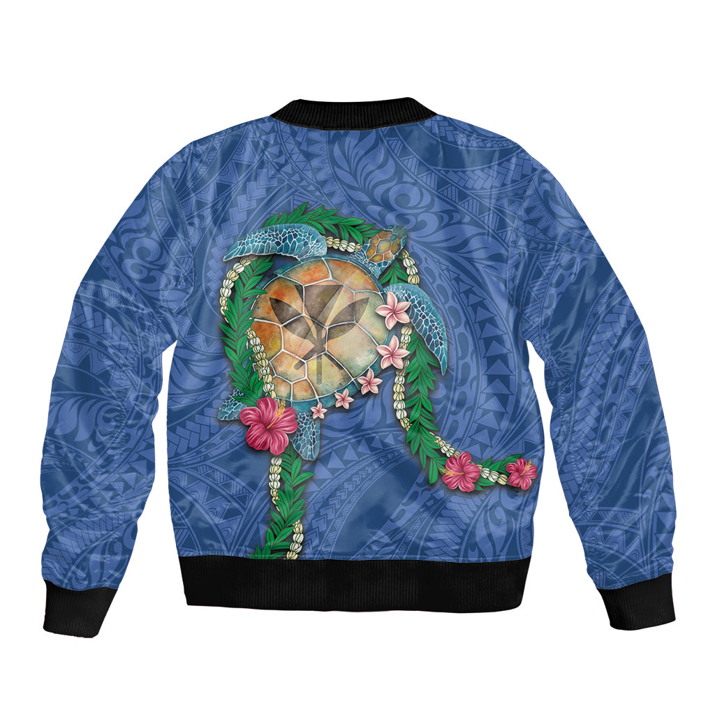 Hawaii Pikake and Maile Lei Bomber Jacket Honu Polynesian Pattern Blue Color LT03 - Polynesian Pride