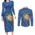 Hawaii Pikake and Maile Lei Couples Matching Long Sleeve Bodycon Dress and Long Sleeve Button Shirt Honu Polynesian Pattern Blue Color