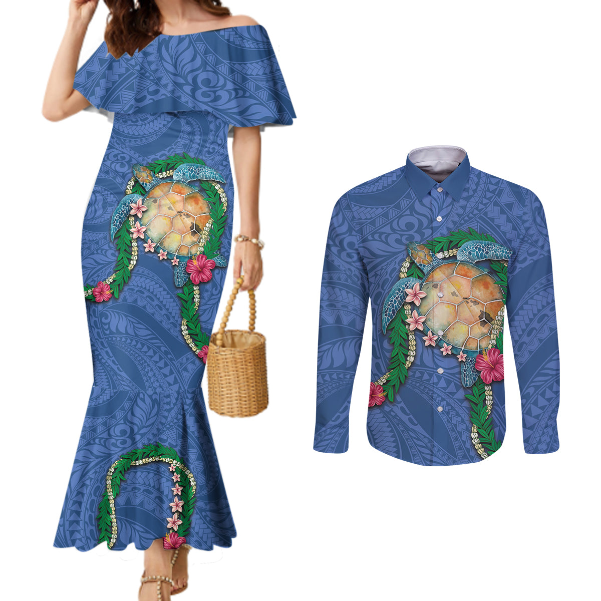 Hawaii Pikake and Maile Lei Couples Matching Mermaid Dress and Long Sleeve Button Shirt Honu Polynesian Pattern Blue Color