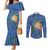Hawaii Pikake and Maile Lei Couples Matching Mermaid Dress and Long Sleeve Button Shirt Honu Polynesian Pattern Blue Color