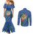 Hawaii Pikake and Maile Lei Couples Matching Mermaid Dress and Long Sleeve Button Shirt Honu Polynesian Pattern Blue Color