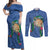 Hawaii Pikake and Maile Lei Couples Matching Off Shoulder Maxi Dress and Long Sleeve Button Shirt Honu Polynesian Pattern Blue Color