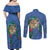 Hawaii Pikake and Maile Lei Couples Matching Off Shoulder Maxi Dress and Long Sleeve Button Shirt Honu Polynesian Pattern Blue Color