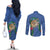 Hawaii Pikake and Maile Lei Couples Matching Off The Shoulder Long Sleeve Dress and Long Sleeve Button Shirt Honu Polynesian Pattern Blue Color
