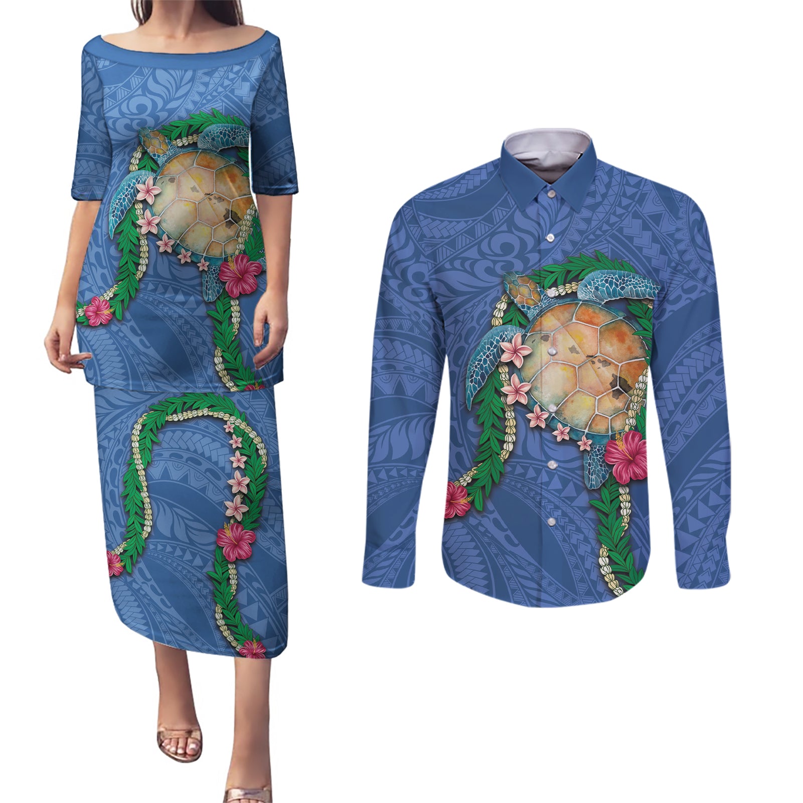 Hawaii Pikake and Maile Lei Couples Matching Puletasi and Long Sleeve Button Shirt Honu Polynesian Pattern Blue Color
