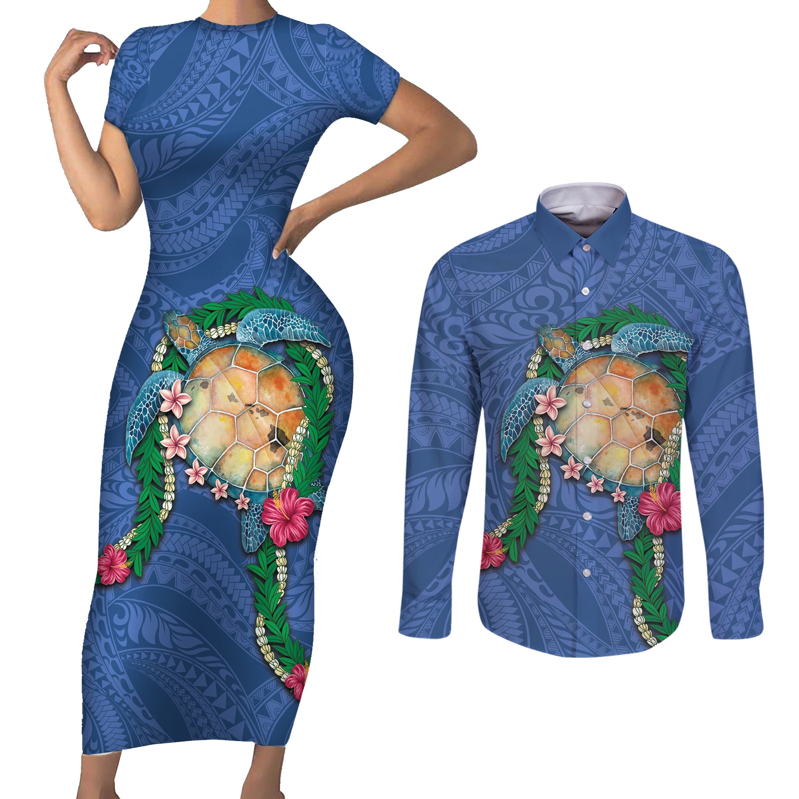Hawaii Pikake and Maile Lei Couples Matching Short Sleeve Bodycon Dress and Long Sleeve Button Shirt Honu Polynesian Pattern Blue Color LT03 Blue - Polynesian Pride