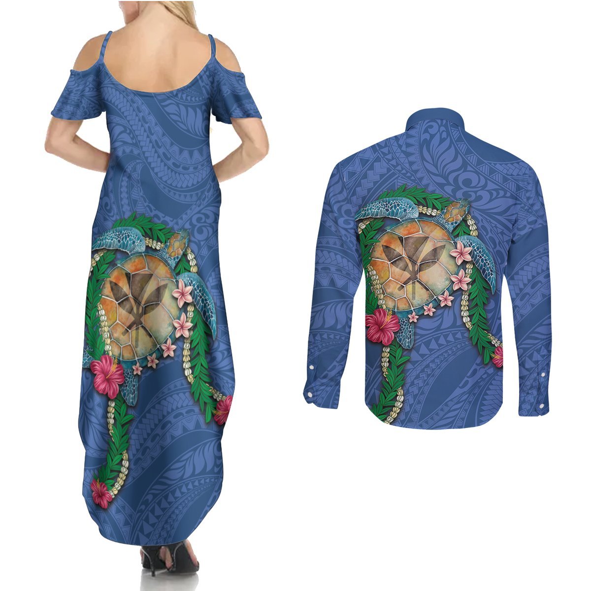 Hawaii Pikake and Maile Lei Couples Matching Summer Maxi Dress and Long Sleeve Button Shirt Honu Polynesian Pattern Blue Color LT03 - Polynesian Pride