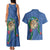 Hawaii Pikake and Maile Lei Couples Matching Tank Maxi Dress and Hawaiian Shirt Honu Polynesian Pattern Blue Color