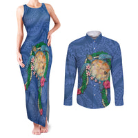 Hawaii Pikake and Maile Lei Couples Matching Tank Maxi Dress and Long Sleeve Button Shirt Honu Polynesian Pattern Blue Color LT03 Blue - Polynesian Pride