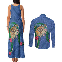 Hawaii Pikake and Maile Lei Couples Matching Tank Maxi Dress and Long Sleeve Button Shirt Honu Polynesian Pattern Blue Color LT03 - Polynesian Pride
