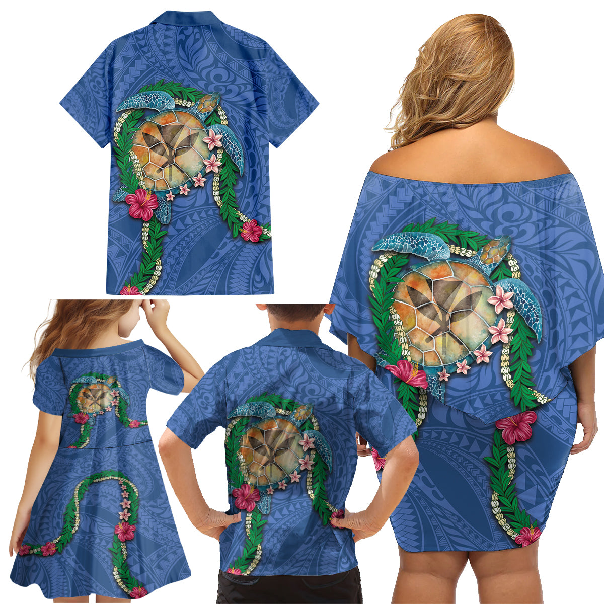 Hawaii Pikake and Maile Lei Family Matching Off Shoulder Short Dress and Hawaiian Shirt Honu Polynesian Pattern Blue Color LT03 - Polynesian Pride