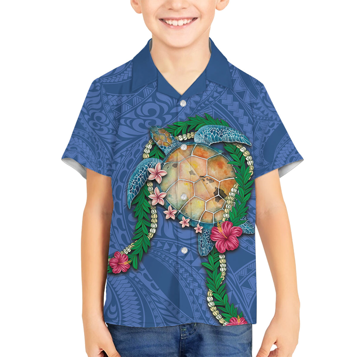 Hawaii Pikake and Maile Lei Family Matching Off Shoulder Short Dress and Hawaiian Shirt Honu Polynesian Pattern Blue Color LT03 Son's Shirt Blue - Polynesian Pride