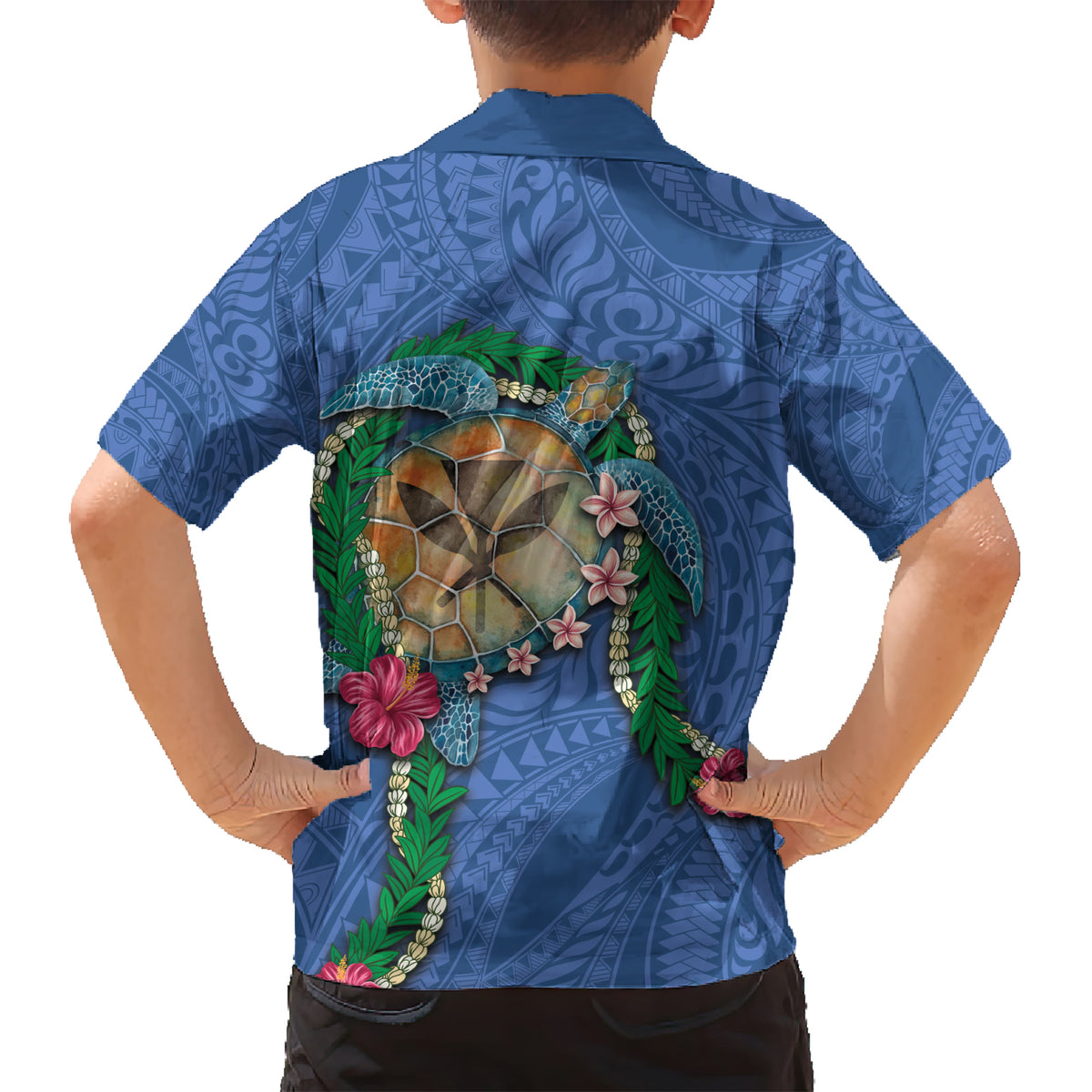 Hawaii Pikake and Maile Lei Family Matching Short Sleeve Bodycon Dress and Hawaiian Shirt Honu Polynesian Pattern Blue Color LT03 - Polynesian Pride