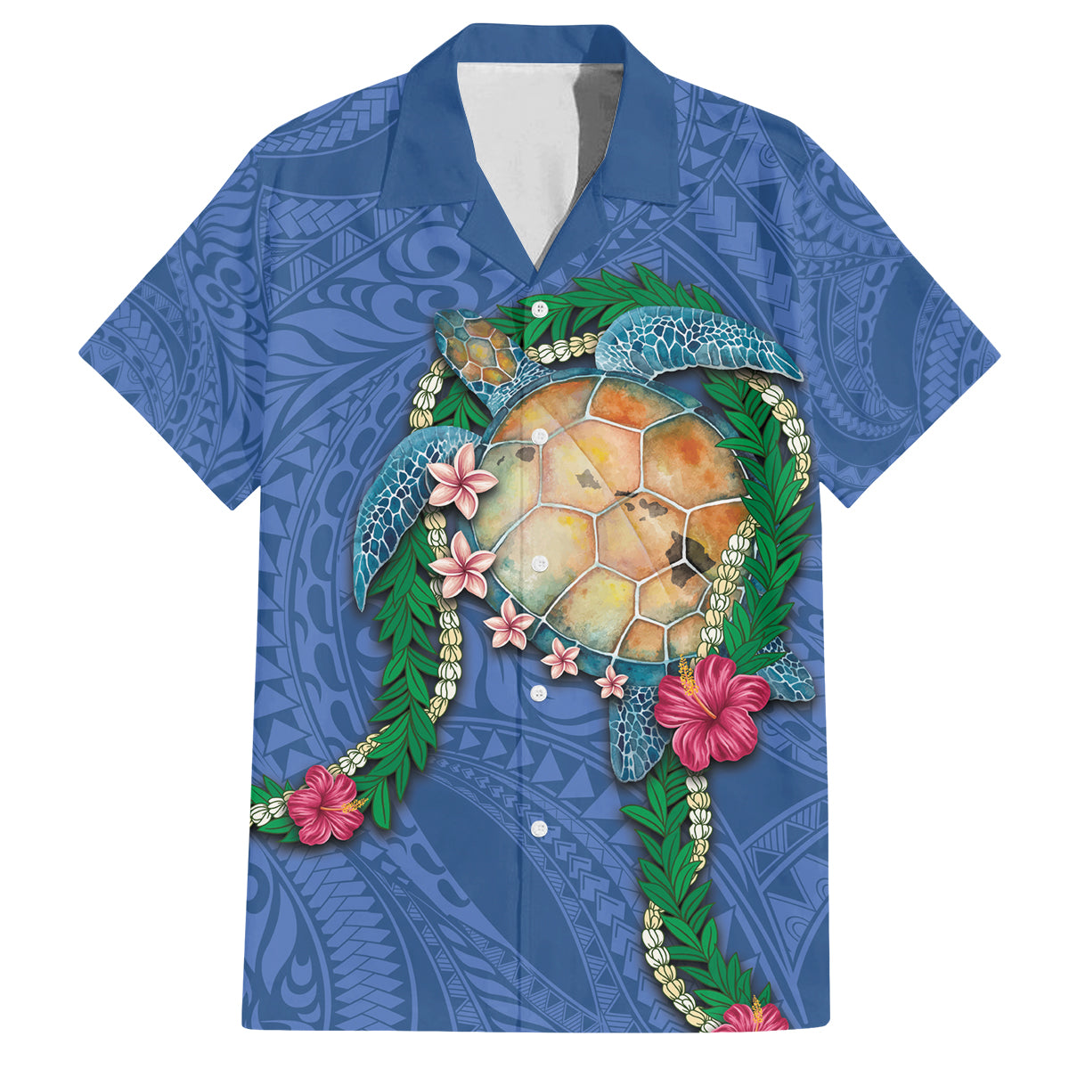 Hawaii Pikake and Maile Lei Family Matching Summer Maxi Dress and Hawaiian Shirt Honu Polynesian Pattern Blue Color LT03 Dad's Shirt - Short Sleeve Blue - Polynesian Pride