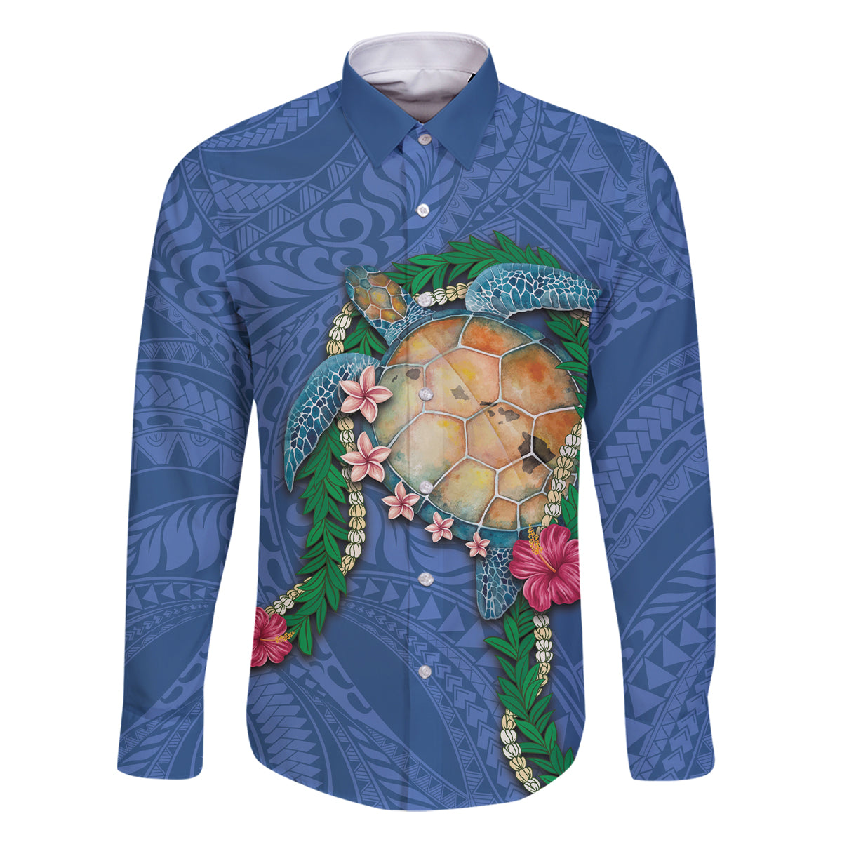 Hawaii Pikake and Maile Lei Family Matching Summer Maxi Dress and Hawaiian Shirt Honu Polynesian Pattern Blue Color LT03 Dad's Shirt - Long Sleeve Blue - Polynesian Pride
