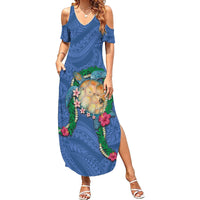 Hawaii Pikake and Maile Lei Family Matching Summer Maxi Dress and Hawaiian Shirt Honu Polynesian Pattern Blue Color LT03 Mom's Dress Blue - Polynesian Pride