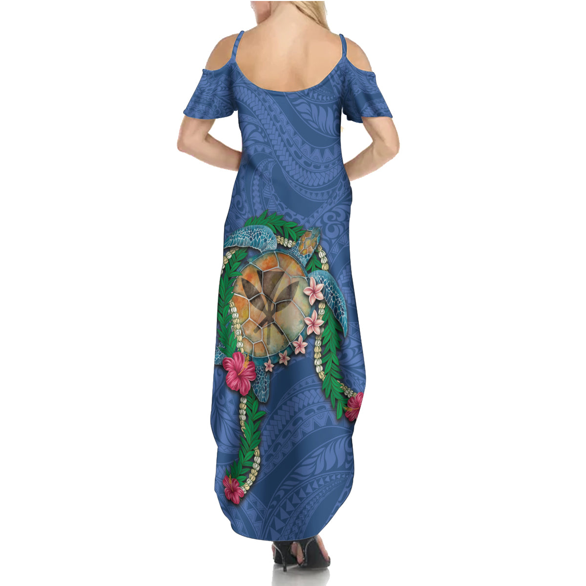 Hawaii Pikake and Maile Lei Family Matching Summer Maxi Dress and Hawaiian Shirt Honu Polynesian Pattern Blue Color LT03 - Polynesian Pride