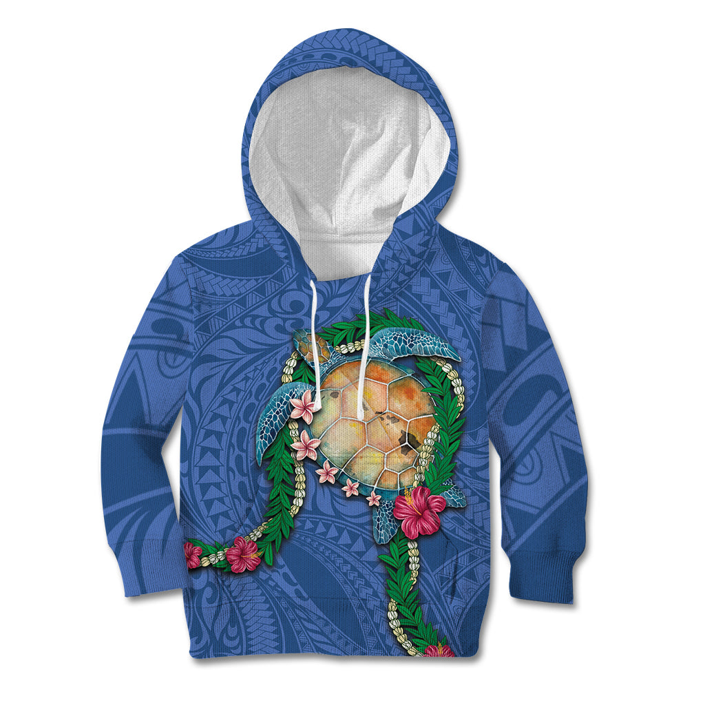 Hawaii Pikake and Maile Lei Kid Hoodie Honu Polynesian Pattern Blue Color