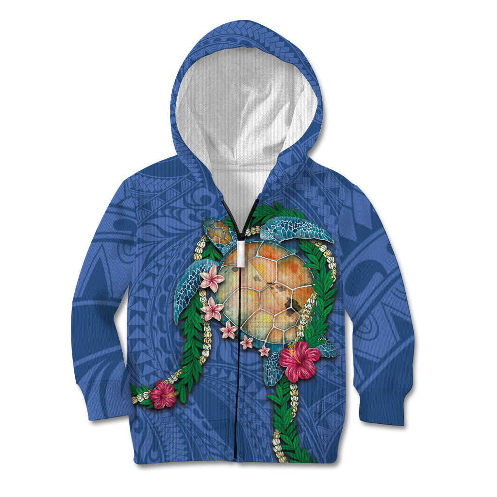 Hawaii Pikake and Maile Lei Kid Hoodie Honu Polynesian Pattern Blue Color