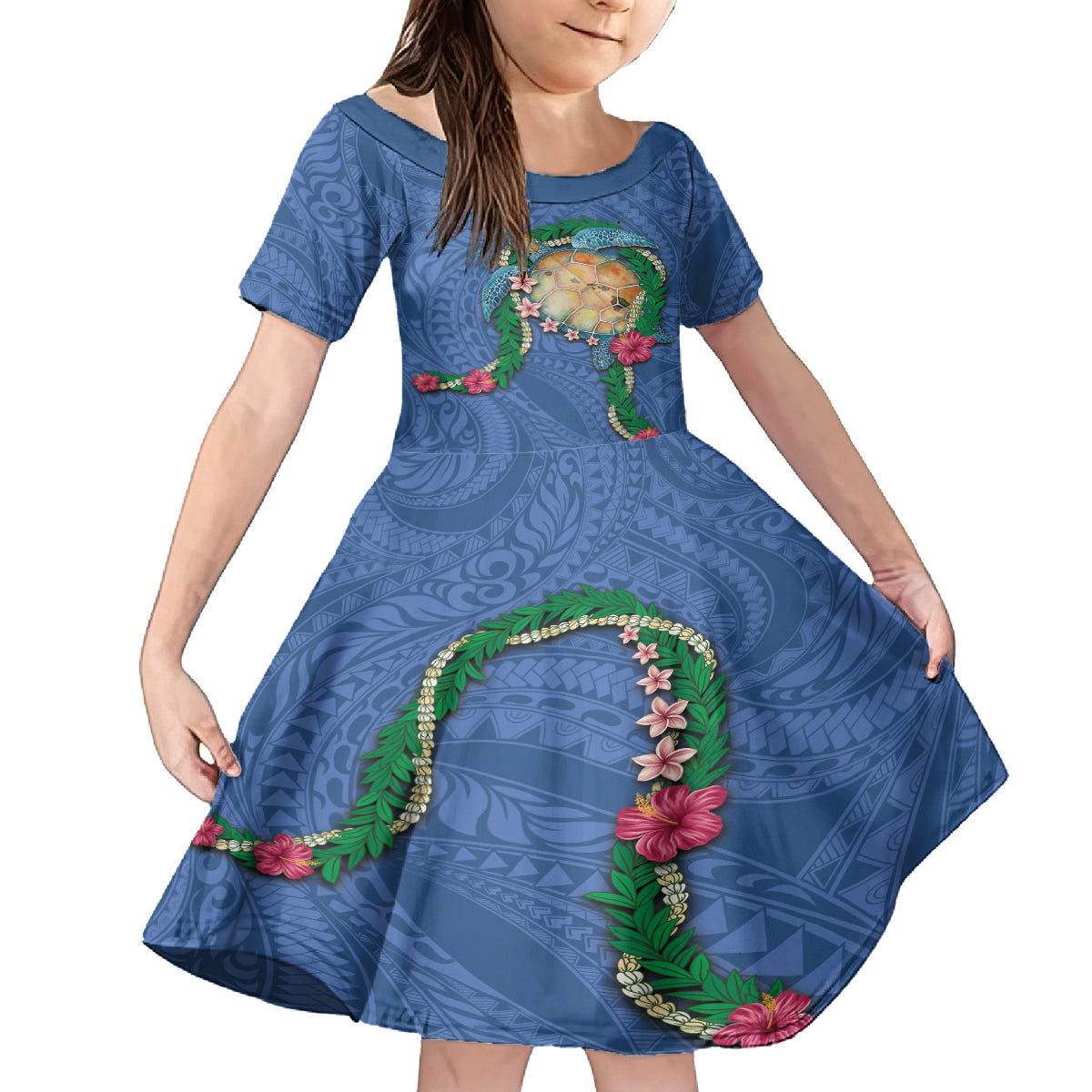 Hawaii Pikake and Maile Lei Kid Short Sleeve Dress Honu Polynesian Pattern Blue Color