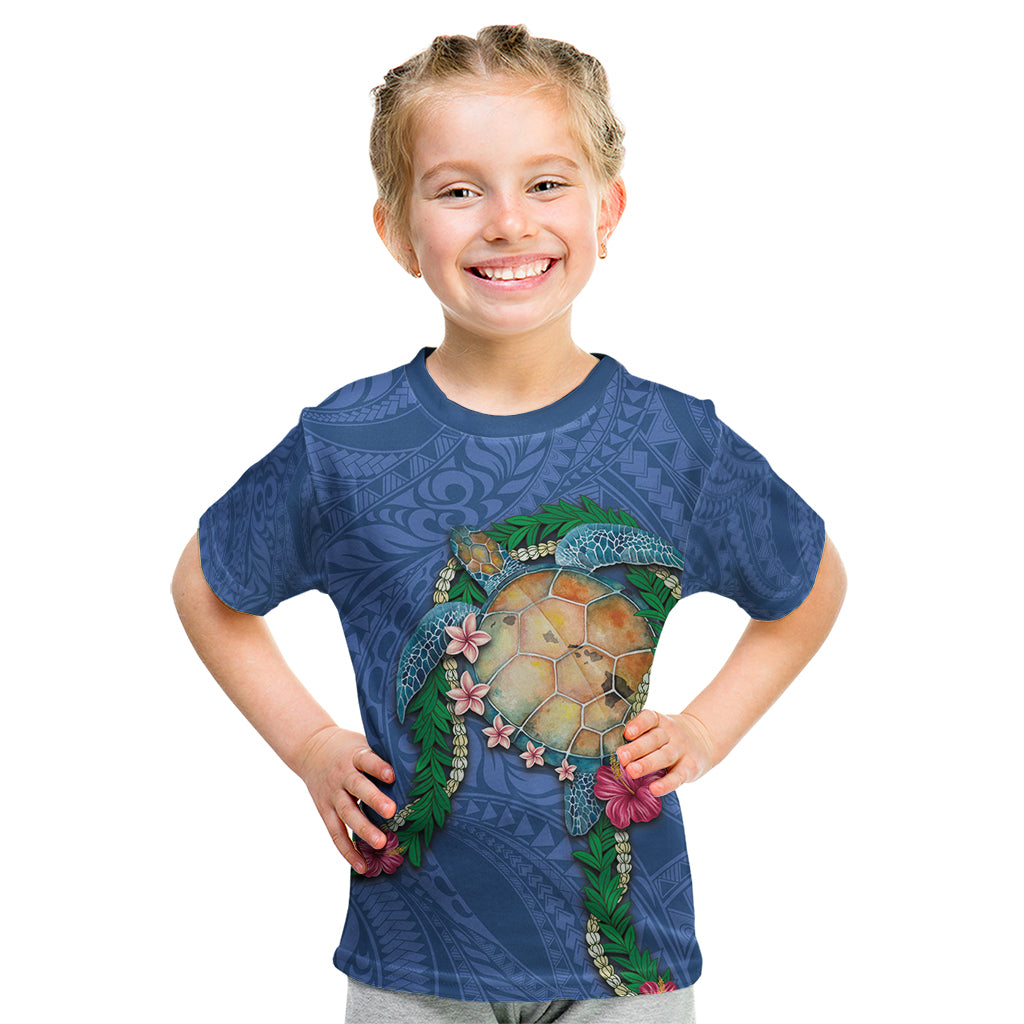 Hawaii Pikake and Maile Lei Kid T Shirt Honu Polynesian Pattern Blue Color LT03 Blue - Polynesian Pride