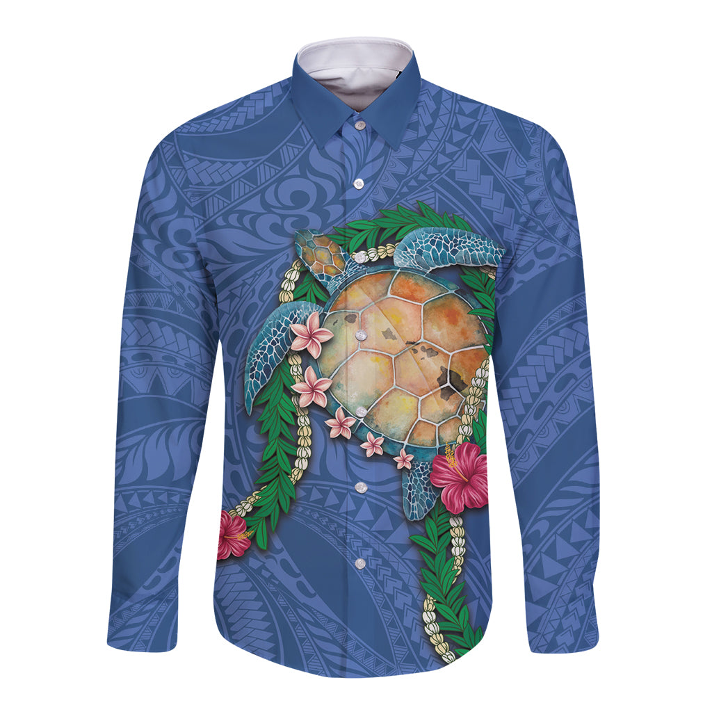 Hawaii Pikake and Maile Lei Long Sleeve Button Shirt Honu Polynesian Pattern Blue Color LT03 Unisex Blue - Polynesian Pride