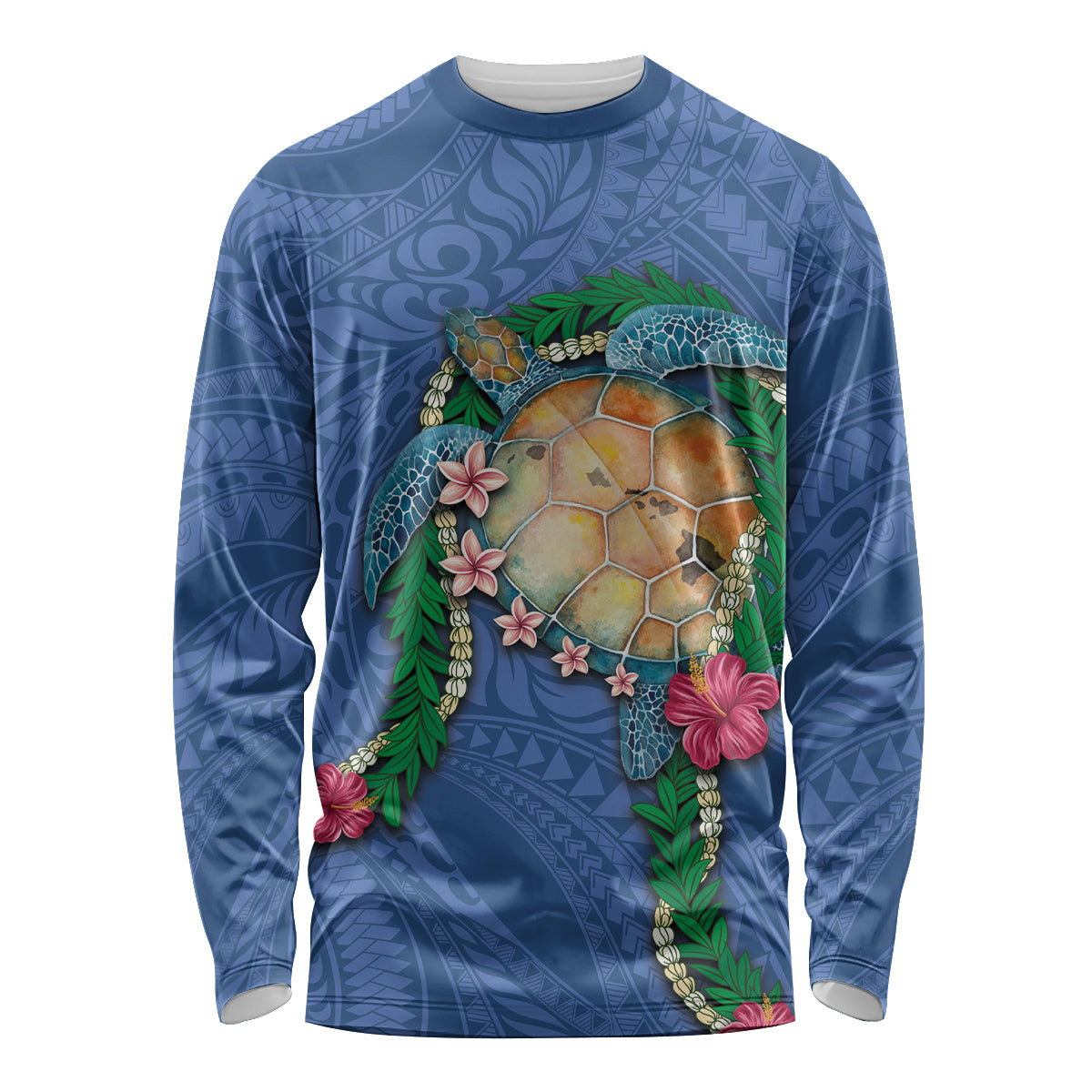 Hawaii Pikake and Maile Lei Long Sleeve Shirt Honu Polynesian Pattern Blue Color LT03 Unisex Blue - Polynesian Pride