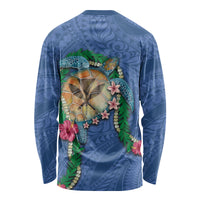 Hawaii Pikake and Maile Lei Long Sleeve Shirt Honu Polynesian Pattern Blue Color LT03 - Polynesian Pride