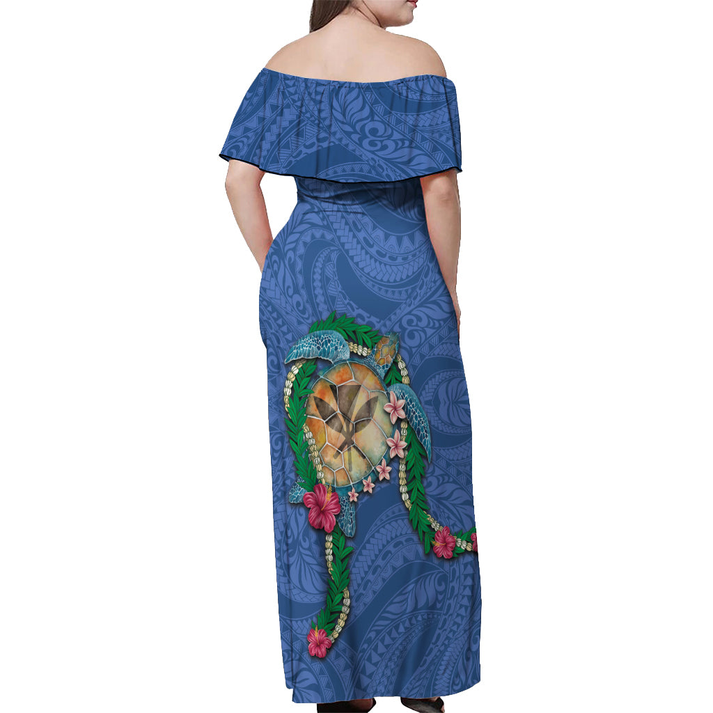 Hawaii Pikake and Maile Lei Off Shoulder Maxi Dress Honu Polynesian Pattern Blue Color