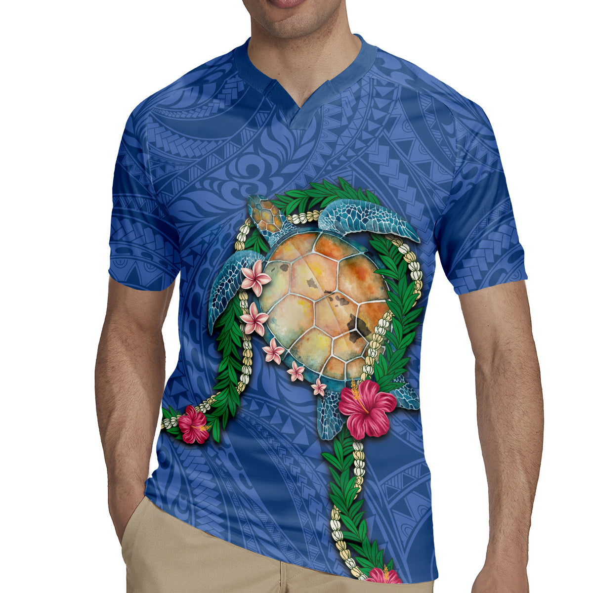 Hawaii Pikake and Maile Lei Rugby Jersey Honu Polynesian Pattern Blue Color