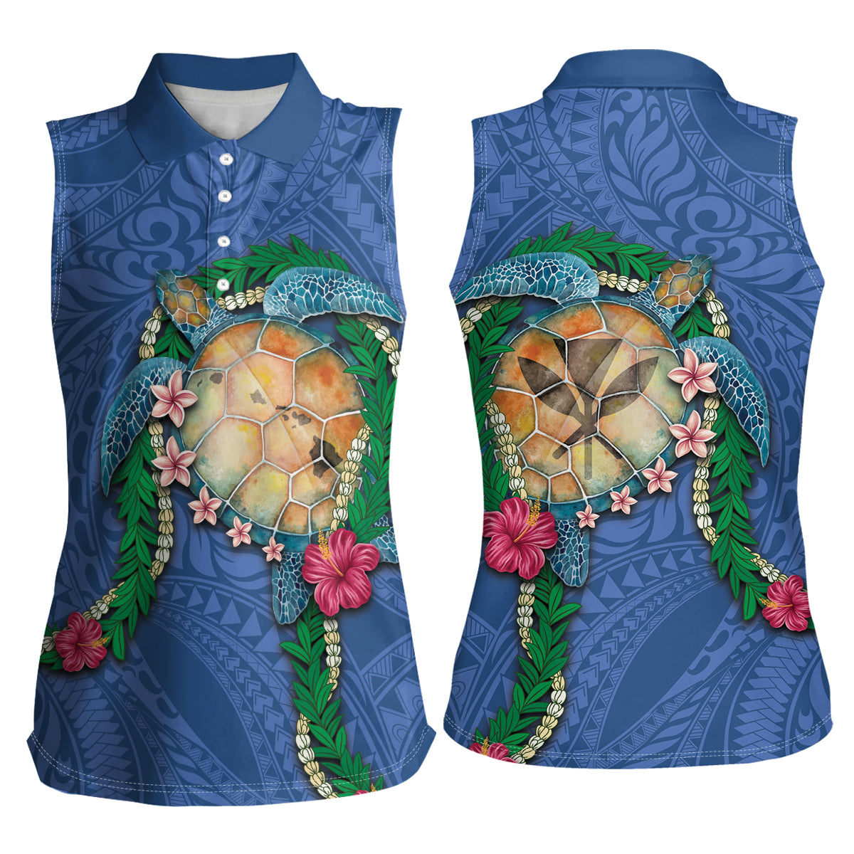 Hawaii Pikake and Maile Lei Women Sleeveless Polo Shirt Honu Polynesian Pattern Blue Color
