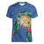 Hawaii Pikake and Maile Lei Women V-Neck T-Shirt Honu Polynesian Pattern Blue Color