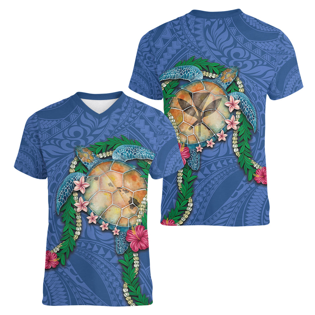 Hawaii Pikake and Maile Lei Women V-Neck T-Shirt Honu Polynesian Pattern Blue Color