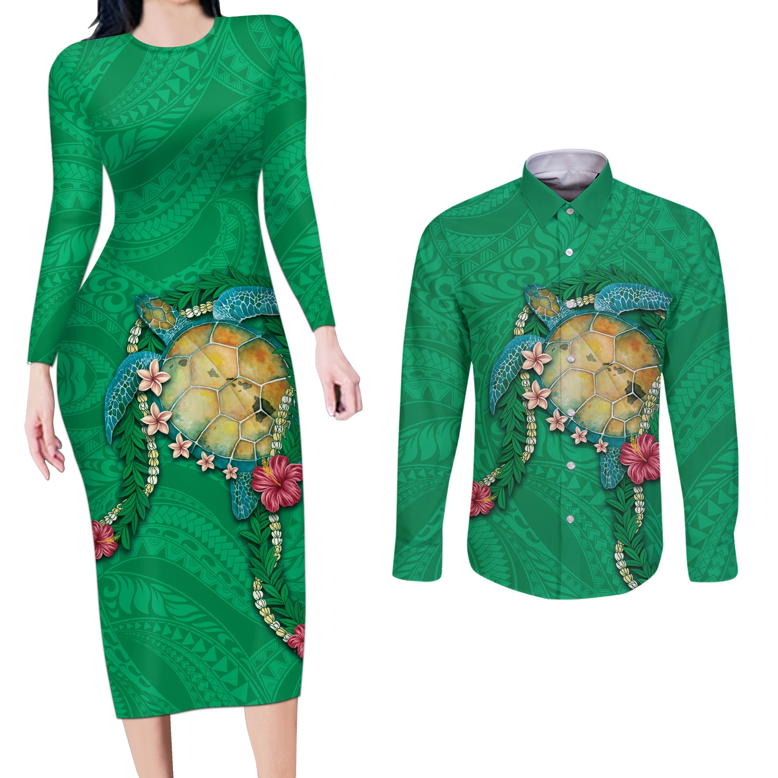 Hawaii Pikake and Maile Lei Couples Matching Long Sleeve Bodycon Dress and Long Sleeve Button Shirt Honu Polynesian Pattern Green Color