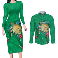 Hawaii Pikake and Maile Lei Couples Matching Long Sleeve Bodycon Dress and Long Sleeve Button Shirt Honu Polynesian Pattern Green Color LT03 Green - Polynesian Pride