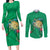 Hawaii Pikake and Maile Lei Couples Matching Long Sleeve Bodycon Dress and Long Sleeve Button Shirt Honu Polynesian Pattern Green Color