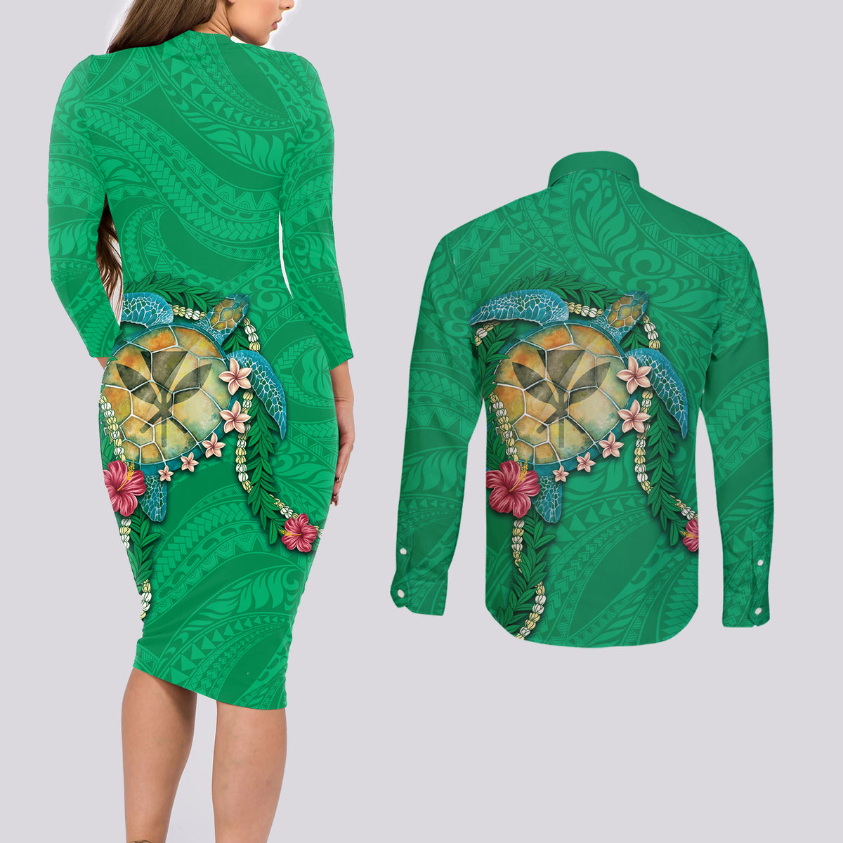 Hawaii Pikake and Maile Lei Couples Matching Long Sleeve Bodycon Dress and Long Sleeve Button Shirt Honu Polynesian Pattern Green Color LT03 - Polynesian Pride