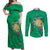 Hawaii Pikake and Maile Lei Couples Matching Off Shoulder Maxi Dress and Long Sleeve Button Shirt Honu Polynesian Pattern Green Color
