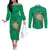 Hawaii Pikake and Maile Lei Couples Matching Off The Shoulder Long Sleeve Dress and Long Sleeve Button Shirt Honu Polynesian Pattern Green Color