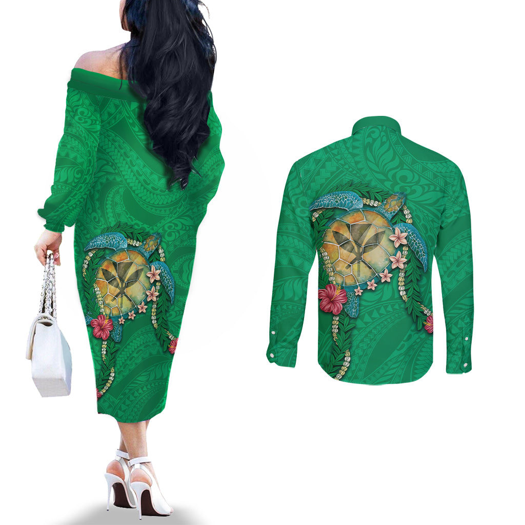 Hawaii Pikake and Maile Lei Couples Matching Off The Shoulder Long Sleeve Dress and Long Sleeve Button Shirt Honu Polynesian Pattern Green Color LT03 - Polynesian Pride